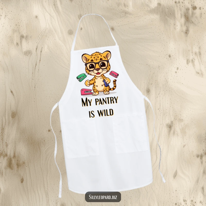 Funny apron with a stylized leopard in spectacles juggling office staplers, ideal for a chic and humorous cooking experience.