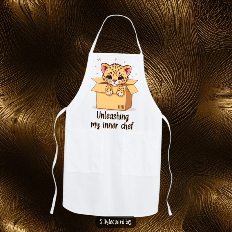Funny apron with a spotted leopard cub bursting from an office cardboard box, perfect for a playful cooking experience.