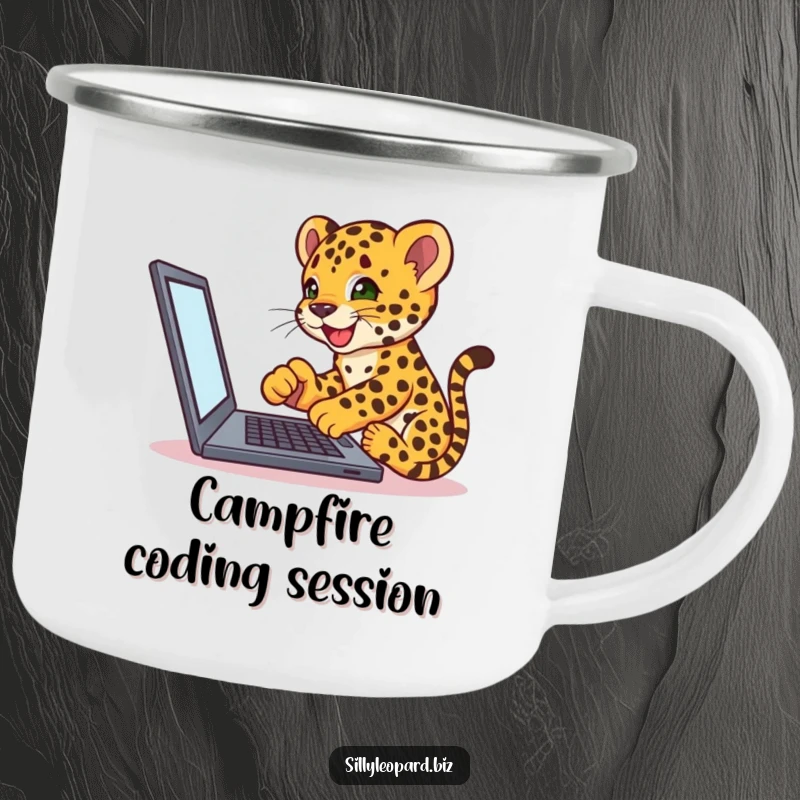 Funny camping mug featuring an excited leopard cub tapping on a laptop, ideal for outdoor tech enthusiasts who love humor.