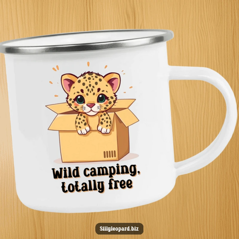 Funny camping mug with a spotted leopard cub bursting from an office cardboard box, perfect for outdoor use and fun.