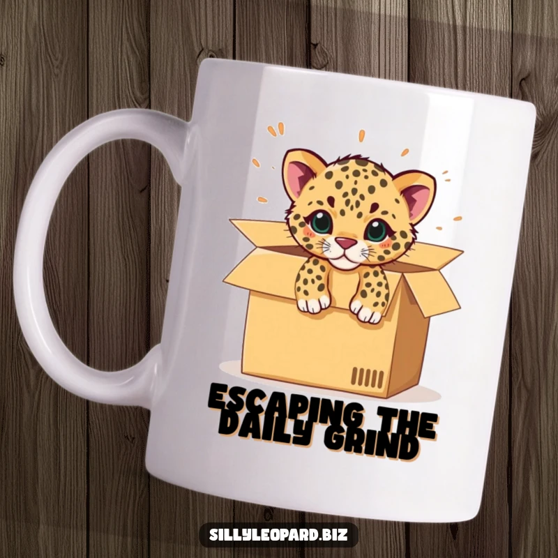 Funny mug showing a spotted leopard cub excitedly bursting out of a large, open office cardboard box.