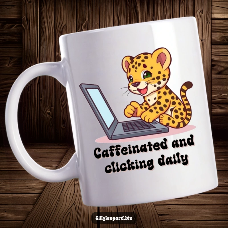 Funny mug featuring an excited leopard cub tapping its paws on a laptop screen, showcasing tech obsession and humor.