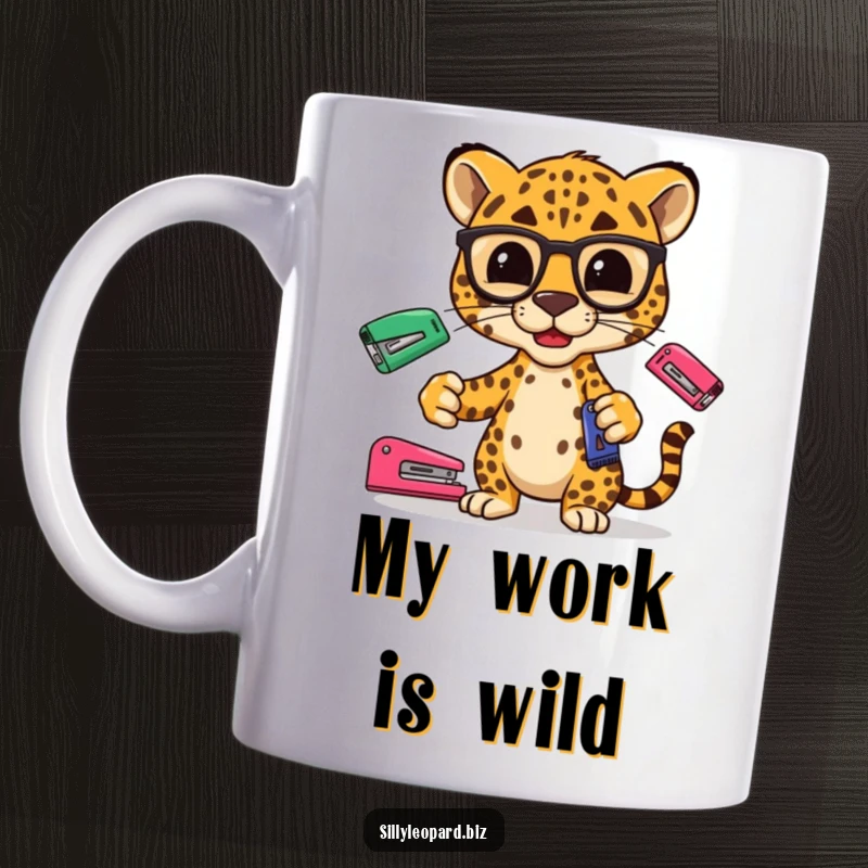 Funny mug featuring a stylized leopard in spectacles skillfully juggling three colorful office staplers, embodying office chaos.