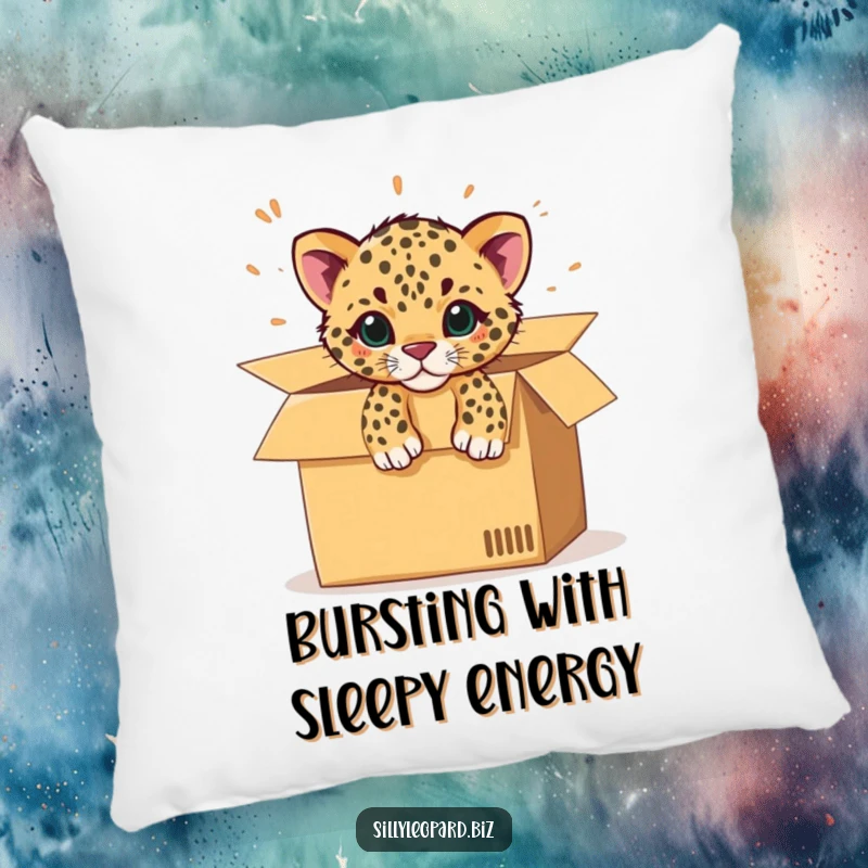 Funny pillow featuring a spotted leopard cub excitedly bursting out of an office cardboard box, perfect for cozy comfort.