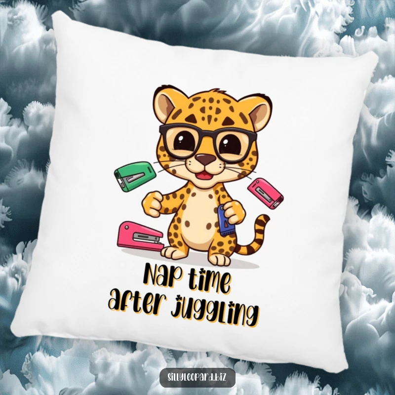 Funny pillow featuring a stylized leopard wearing spectacles, juggling colorful office staplers, adding chic comfort and humor.