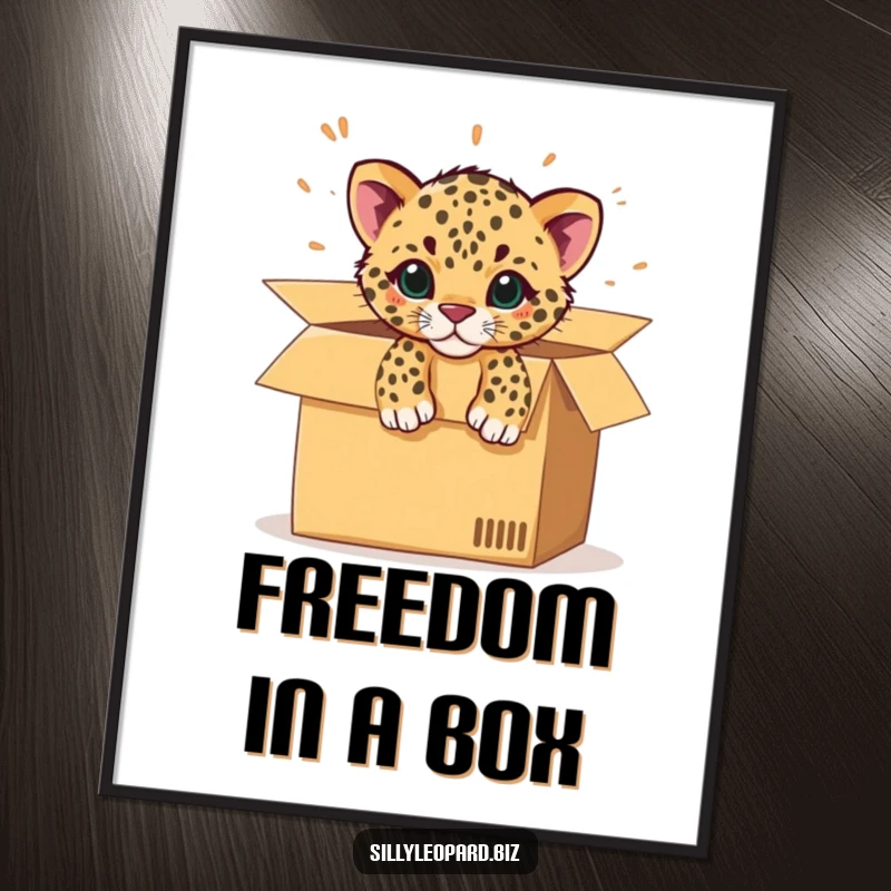 Funny digital art print of a spotted leopard cub bursting from an office cardboard box, for playful and energetic decor.