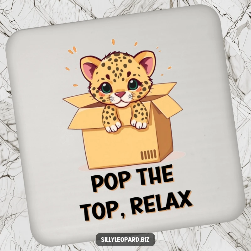 Funny drink coasters featuring a spotted leopard cub bursting from an office cardboard box, perfect for protecting tables.