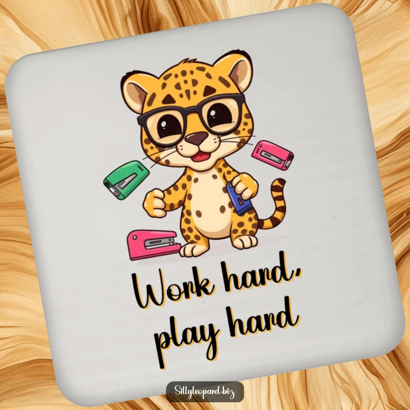 Funny drink coasters featuring a stylized leopard wearing glasses, juggling office staplers, perfect for protecting tables with style.