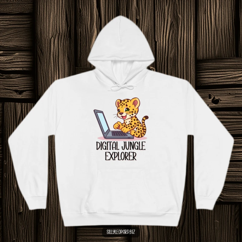 Funny hoodie featuring an enthusiastic leopard cub interacting with a laptop screen, blending warmth with tech-inspired humor.