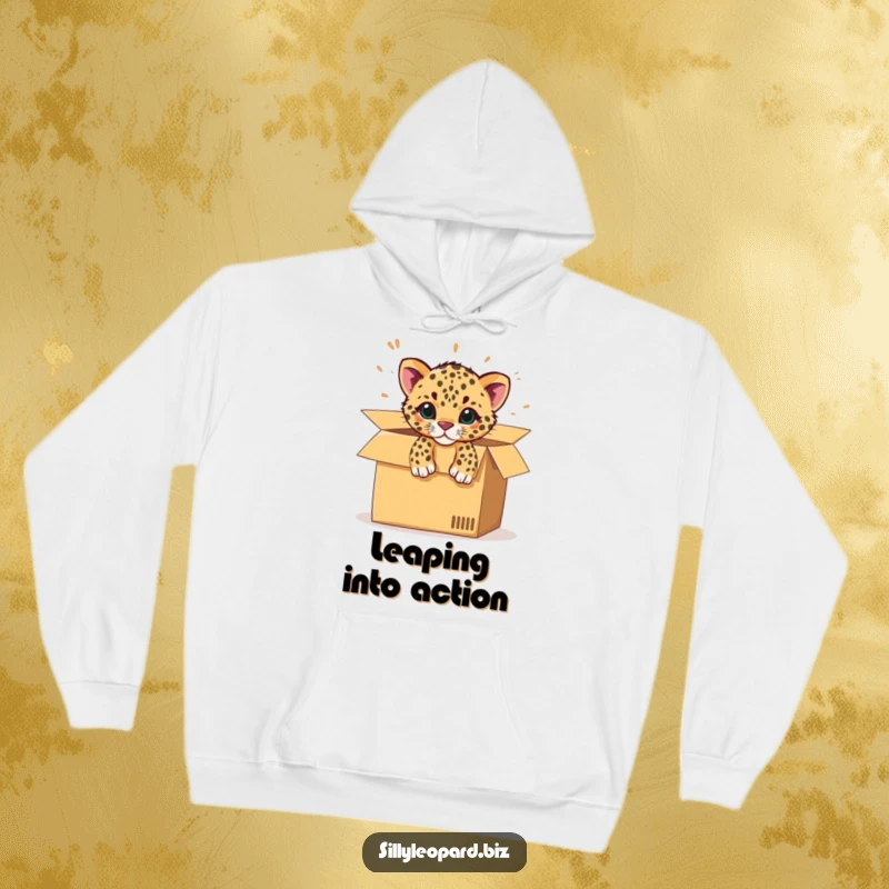 Funny hoodie depicting a spotted leopard cub excitedly erupting from an office cardboard box, perfect for cozy fun.