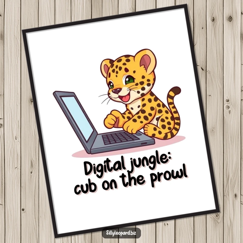 Funny Free Printable Wall Art featuring an excited leopard cub intensely tapping on a laptop screen, adding a humorous tech element.