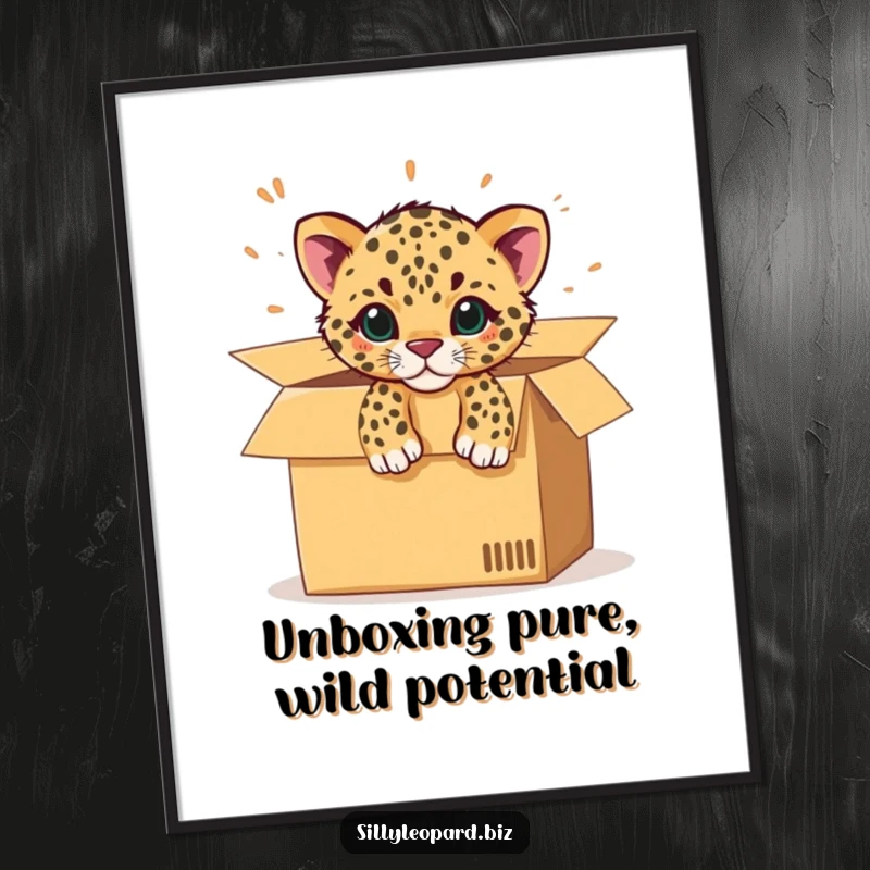 Funny Free Printable Wall Art: A spotted leopard cub comically bursting out of an office box, full of playful energy.