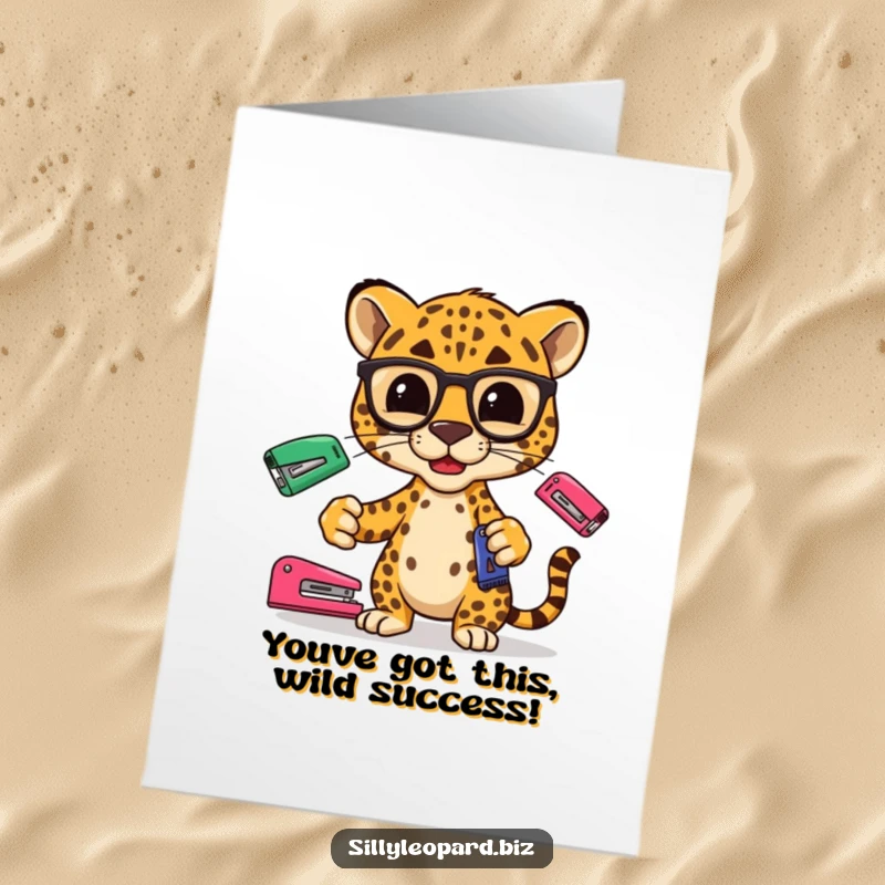 Funny Free Printable Congratulations Card: A sophisticated leopard wearing glasses expertly juggles office staplers to commend success.