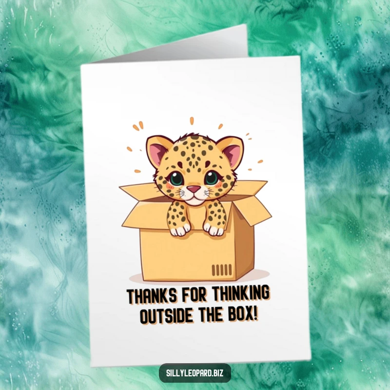 Funny Free Printable Thank You Card: A spotted leopard cub joyfully bursts from an office box, conveying energetic thanks.