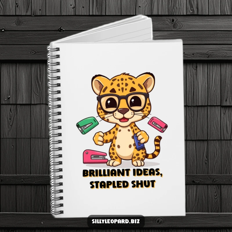 Funny notebook featuring a stylized leopard wearing glasses, juggling office staplers, perfect for jotting down ideas.