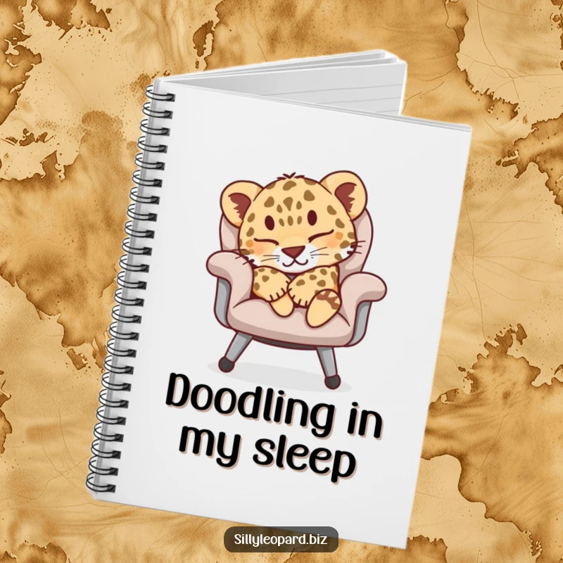 Funny notebook illustrating a peacefully sleeping leopard cub on an office chair, perfect for jotting down thoughts with a humorous twist.